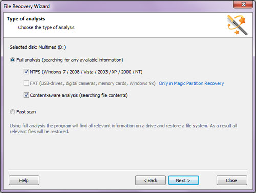 Type of Analysis (Full analysis or Fast scan)