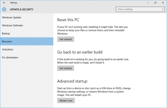 Reset this PC option in the Recovery tab